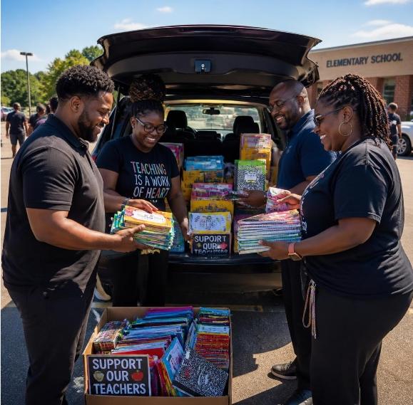 Volunteers loading school supplies into a car trunk for The Teachers' Trunk giveaway